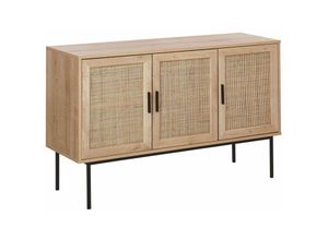 4251682265898 - Beliani - Sideboard Heller Holzfarton Schwarze Metallbeine und Handgriffe 76 x 120 x 40 cm Boho Stil Drei Rattan Türen Schlafzimmer Wohnzimmer