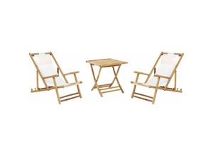 4251682267144 - Balkonset hellbraun Bambusholz Textilbespannung cremeweiß 2 Liegestühle 1 Couchtisch für Garten für Terrasse