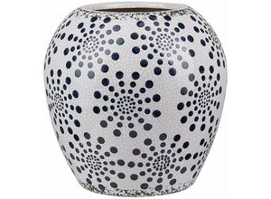 4251682267564 - Beliani - Blumenvase Weiß Steinzeug Handgefertigt 19 cm mit Blauen Verzierungen Wasserdicht Deko Accessoires Wohnzimmer Schlafzimmer Flur Kamin