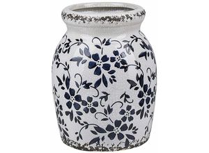 4251682267915 - Beliani - Blumenvase Weiß und Blau Steinzeug 18 cm mit Blumenmotiv Deko Accessoires Wohnzimmer Schlafzimmer Flur Eingangsbereich Kamin