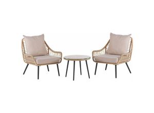 4251682268653 - Beliani - Balkonset Beige Rattan und Stahl 3-Teilig Boho Rustikal 2 Stühle 1 Couchtisch Rund mit Glasplatte 2 Auflagen Gartenmöbel Terasse Balkon