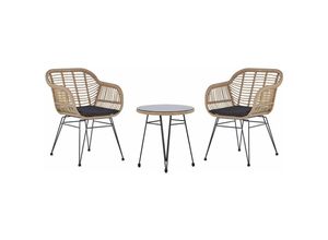 4251682268769 - Beliani - Balkonset Natürlich Rattan 2 Sessel mit Armlehnen Runder Tisch Sicherheitsglas Auflagen Schwarz Stahlgestell Terasse Balkon Garten Boho