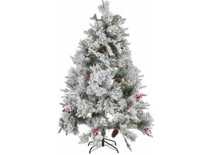 4251682269698 - Beliani - Weihnachtsbaum 180 cm Weiß Schneebedeckt mit Kunstschnee Zapfen roten Beeren und Ständer Weihnachtszeit Weihnachten Wohnzimmer Modern - Weiß