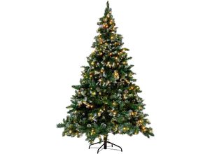 4251682269766 - Beliani - Weihnachtsbaum 210 cm Grün Kunststoff Metall mit Schnee bestreut inkl led Beleuchtung Metallständer mit Zapfen geschmückt Weihnachten