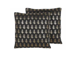 4251682270373 - Beliani - Dekokissen Schwarz   Gold Samtstoff 2er Set 45 x 45 cm Tannenmotiv Weihnachten Christmas - Gold