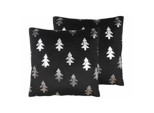 4251682270397 - Beliani - Dekokissen Schwarz   Silber Samtstoff 2er Set 45 x 45 cm Tannenmotiv Weihnachten Christmas - Silber