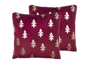 4251682270403 - Beliani - Dekokissen Rot   Gold Samtstoff 2er Set 45 x 45 cm Tannenmotiv Weihnachten Christmas - Silber