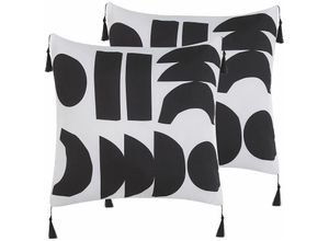 4251682271028 - Dekokissen 2er Set Weiß   Schwarz 45 x 45 cm Polyester mit Fransen Reißverschluss Zierkissen für Küche Esszimmer Wohnzimmer Salon Flur Modern - Weiß