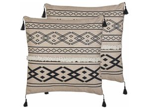 4251682271073 - Beliani - Dekokissen 2er Set Beige   Schwarz 45x45 cm Polyester mit Fransen Reißverschluss Zierkissen für Küche Esszimmer Wohnzimmer Salon Flur Modern