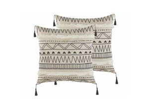 4251682271080 - Dekokissen 2er Set Beige   Schwarz 45 x 45 cm Polyester mit Fransen Reißverschluss Zierkissen für Küche Esszimmer Wohnzimmer Salon Flur Modern - Weiß