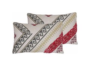 4251682272841 - Beliani - Dekokissen 2er Set Beige   Grau   Rot 50 x 30 cm Baumwolle Rechteckig mit Reißverschluss Geometrisches Muster Strukturiert Zierkissen Boho