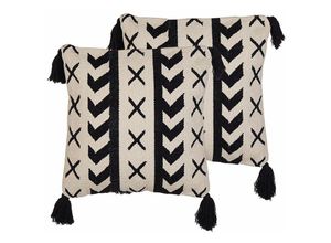 4251682272902 - Dekokissen 2er Set Beige Schwarz 45x45 Baumwolle Quadratisch mit Fransen Reißverschluss Geometrisches Muster Handgewebt Zierkissen Boho - Schwarz