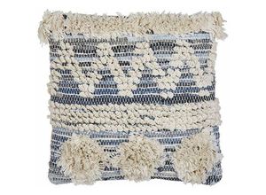 4251682272957 - Beliani - Dekokissen Beige und Blau 45 x 45 cm Baumwolle Quadratisch mit Reißverschluss Geometrisches Muster Strukturiert Handgewebt Zierkissen Boho