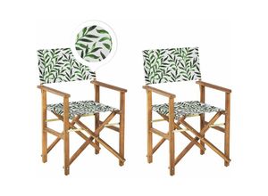 4251682275453 - Gartenstühle 2er Set Helles Akazienholz mit Wechselbarem Bezug Cremeweiß   Grün Zusammenklappbar Blattmuster Outdoor Gartenzubehör - Weiß