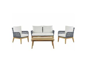 4251682275866 - Gartenmöbel Set Hellbraun Akazienholz Auflagen Cremeweiß Textil 4-Sitzer Dunkelblaues Geflecht Terrasse Outdoor Modern Scandi Stil - Heller