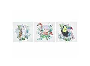 4251682276375 - Beliani - Wanddekoration Bunt 3er Set 30 x 30 cm mit Eulen- Flamingo- und Tukanmotiv Polyester Leinwandbilder Vogelmotiv Kinderzimmer Dekoration