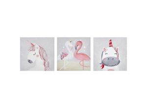 4251682276399 - Beliani - Wanddekoration Bunt 3er Set 30 x 30 cm Flamingo- und Einhornmotiv Polyester Leinwandbilder Quadratisch Schlafzimmer Kinderzimmer Dekoration