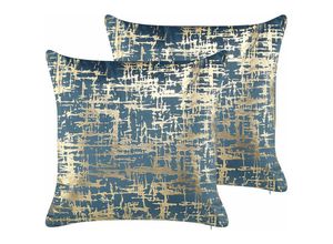 4251682276405 - Beliani - Dekokissen Blau und Gold 2er Set Baumwolle 45 x 45 cm Wohnzimmer Salon Schlafzimmer Dekoration - Gold