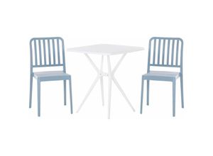 4251682276436 - Beliani - Bistroset Blau und Weiß aus Kunststoff Tisch Quadratisch mit 2 Stühlen Stapelbar Praktisch Klein Outdoor Terrasse Balkon Garten Möbel - Weiß