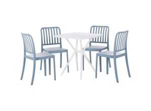 4251682276450 - Beliani - Gartenmöbel Set Blau und Weiß aus Kunststoff Tisch Quadratisch mit 4 Stühlen Stapelbar Praktisch Klein Outdoor Terrasse Balkon Garten Möbel