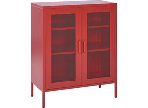 4251682278584 - Schrank Rot Metall 80 x 40 x 102 cm mit 2 durchsichtigen Türen 2 Regalböden 2 Griffen Flur Schlafzimmer Küche Wohnzimmer