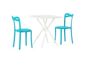 4251682278935 - Beliani - Bistroset Weiß   Blau aus Kunststoff Tisch Quadratisch mit 2 Stühlen Stapelbar Praktisch Klein Outdoor Terrasse Balkon Garten Möbel - Weiß