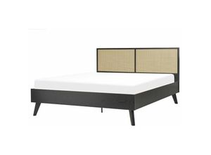 4251682279017 - Bett Schwarz Pappel-Faserplatte mit Lattenrost 160 x 200 cm Holzbeinen Hohem Kopfteil aus Wiener Geflecht Modern Schlafzimmer Möbel Doppelbett