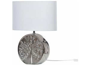 4251682279369 - Beliani - Tischlampe Silber 49 cm Keramiksockel Glänzend mit Baummotiv Kabel mit Schalter Lampenschirm in Weiß Schlafzimmer Wohnzimmer Glamourös