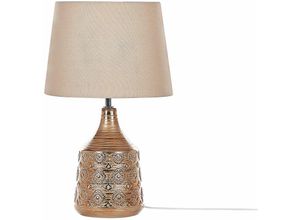 4251682279420 - Tischlampe Goldbraun Keramik 47 cm Stoffschirm Kegelform Jute u Baumwolle langes Kabel mit Schalter handgefertigt Retro Schlaf- u Wohnzimmer - Braun