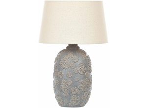 4251682279451 - Beliani - Tischlampe Grau und Beige Keramik Blumenmuster 46 cm Stoffschirm Kegelform langes Kabel mit Schalter handgefertigt Schlaf- u Wohnzimmer