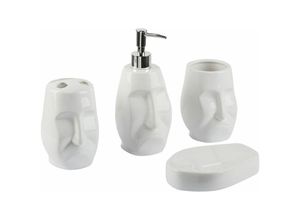 4251682280013 - Badezimmer Set Weiß 4-teilig aus Naturstein Dolomit Gesichtsmotiv Kopf Zahnputzbecher Seifenschale Seifenspender Zahnbürstenhalter Badzubehör - Weiß