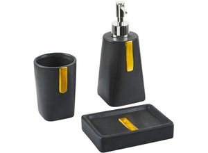 4251682280105 - Badezimmer Set Schwarz 3-teilig Naturstein Dolomit goldene Verzierungen Zahnbürstenhalter Seifenspender Seifenschale minimalistischer Stil - Schwarz