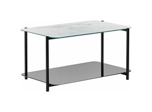 4251682280358 - Beliani - Couchtisch Weiß und Schwarz Marmor Optik Glas 77 x 47 cm Rechteckig Beistelltisch mit Ablage Regal für Wohnzimmer - Weiß