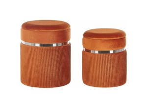 4251682280723 - Pouf Orange 2er Set Samtstoff mit Stauraum rund glänzende Metallverzierung Flur Wohnzimmer Salon Schlafzimmer Deko Sitzhocker