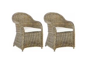 4251682280884 - Beliani - Gartensessel 2er Set Natürlich Rattan mit hoher Rückenlehne Auflage Cremeweiß Baumwolle Terrasse Balkon Außen Wohnzimmer Gartenzubehör Retro