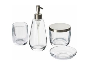 4251682281898 - 4-teiliges Badezimmer-Set Transparent Glas Seifenspender Seifenschale Zahnbürstenhalter Becher Moderner Minimalistischer Stil Badzubehör für WC