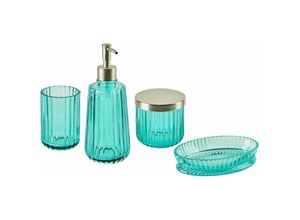 4251682281928 - Beliani - 4-teiliges Badezimmer-Set Glas Türkis Seifenspender Seifenschale Zahnbürstenhalter Becher Eleganter Moderner Stil Badzubehör für wc Toilette