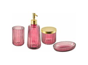 4251682281935 - Beliani - Badezimmer-Set Rosa Glas 4-teilig Seifenspender Seifenschale Zahnbürstenhalter Becher Eleganter Moderner Stil Badzubehör für wc Toilette