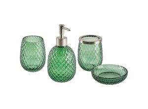 4251682281942 - 4-teiliges Badezimmer-Set Glas in Grün Seifenspender Seifenschale Zahnbürstenhalter Becher Eleganter Moderner Stil Badzubehör für wc Toilette - Silber