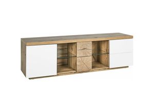 4251682284691 - Beliani - TV-Möbel Heller Holzfarbton und Weiß mdf Platte Wabenplatte 52 x 160 x 40 cm Holzoptik mit Tür 2 Schubladen 2 Glasböden Modern Wohnzimmer