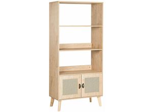 4251682284820 - Beliani - Bücherregal Heller Holzfarbton 40 x 80 x 175 cm mit 3 Fächern und Schrank zwei Rattan Türen im Boho Stil Schlafzimmer Wohnzimmer Flur