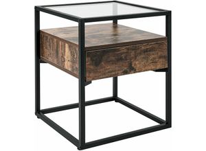 4251682284950 - Beistelltisch Dunkler Holzfarbton und Schwarz MDF-Platte Sicherheitsglas Metallgestell 43 x 43 cm Schublade Quadratisch Schlafzimmer Wohnzimmer