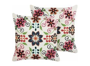 4251682285247 - Beliani - Dekokissen 2er Set Mehrfarbig Baumwolle und Wolle mit Gesticktem Blumenmuster 50 x 50 cm Salon Schlafzimmer Wohnzimmer Quadratisch Boho Stil