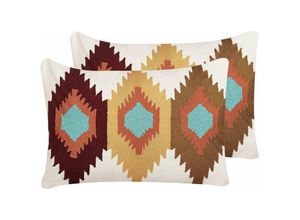 4251682285292 - Dekokissen 2er Set Mehrfarbig Baumwolle und Wolle Stoffbezug mit Polyester-Füllung 60x40 cm Bestickt Ethno Boho Deko Wohn- u Schlafzimmer - Braun