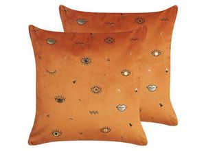 4251682285889 - Dekokissen 2er Set Orange Samtstoffbezug mit Polyester-Füllung 45x45 cm Mystische Augen Lippen Muster Accessories Wohn- u Schlafzimmer Flur - Schwarz