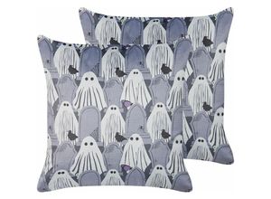 4251682285940 - Dekokissen 2er Set Grau Samtstoffbezug mit Polyester-Füllung 45 x 45 cm Halloween Geist Gespenst Motiv Accessories Wohn- u Schlafzimmer Flur - Weiß