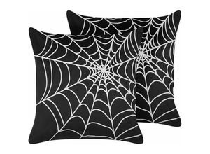 4251682285988 - Dekokissen Schwarz   Weiß 2er Set aus Samtstoff 45 x 45 cm mit Spinnennetz-Muster Quadratisch Halloween Motiv Wohnzimmer Accessoires Dekoration - Weiß