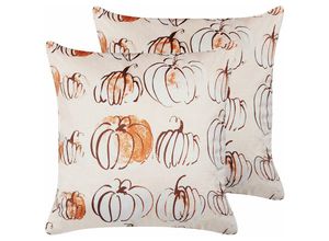 4251682286008 - Beliani - Dekokissen 2er Set Beige Samtstoffbezug mit Polyester-Füllung 45 x 45 cm Halloween Kürbis Motiv Zweiseitig Bedruckt Wohn- u Schlafzimmer