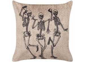 4251682286053 - Beliani - Dekokissen Beige Samtstoff 45 x 45 cm Halloween Skelett-Motiv Quadratisch Halloween-Deko Modern Minimalistisch Herbst Deko - Schwarz