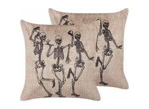 4251682286060 - Beliani - Dekokissen Beige 2er Set Samtstoff 45 x 45 cm Halloween Skelett-Motiv Quadratisch Halloween-Deko Modern Minimalistisch Herbst Deko - Schwarz